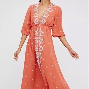 Free People Embroidered Fable Boho Midi Dress Coral Size Medium